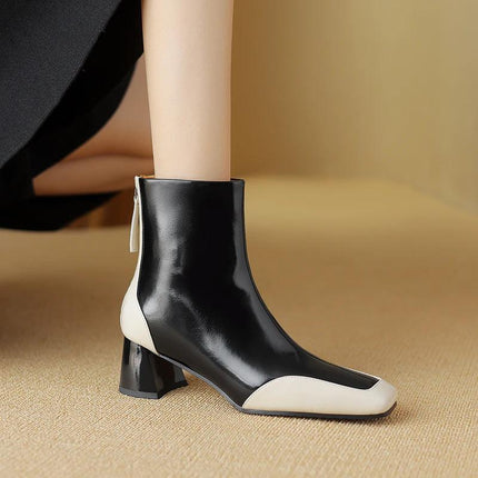 Bottines à talons hauts et bout carré en cuir véritable pour femmes