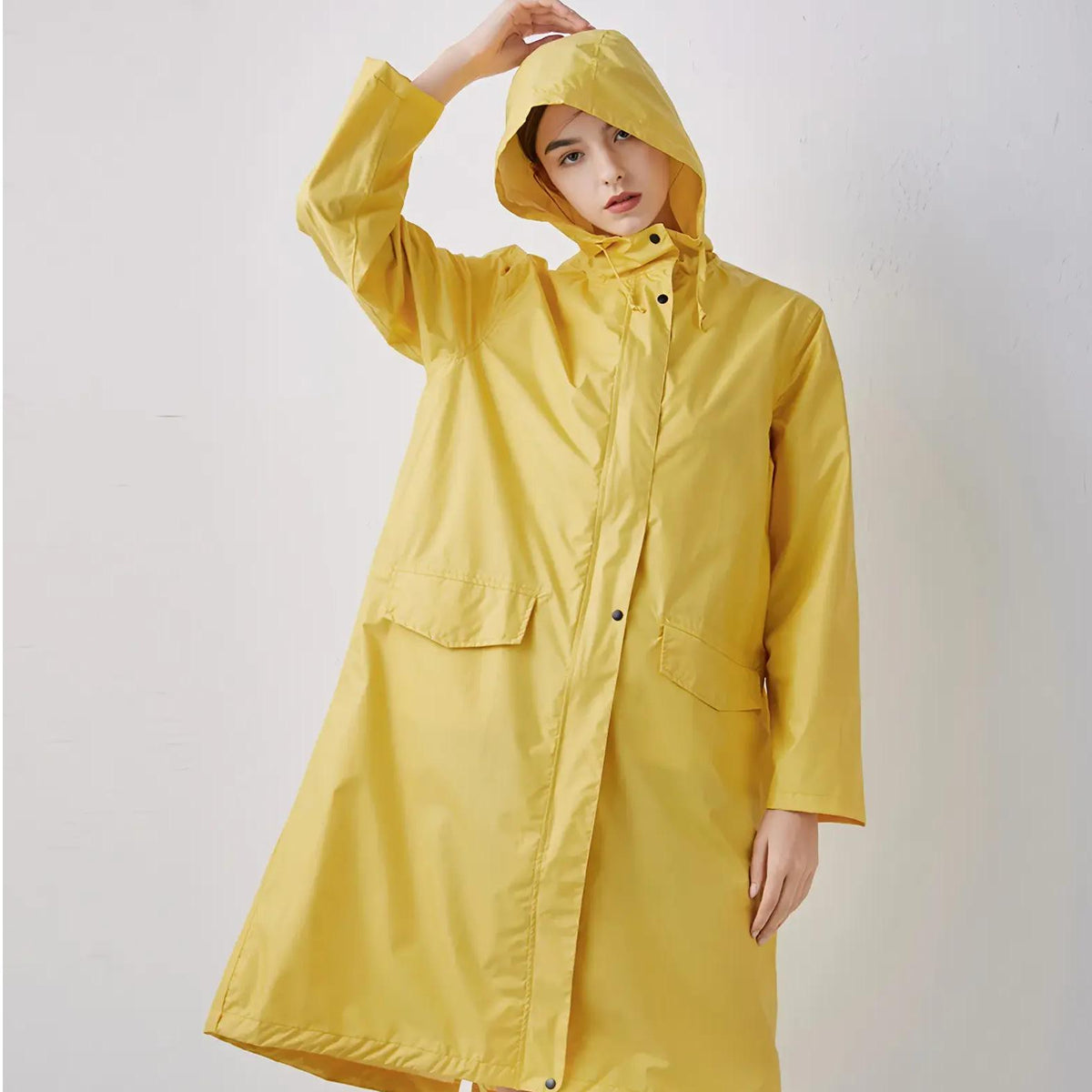 Long Hooded Polyester Rain Jacket with Front Pockets