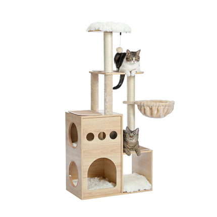 Arbre à chat en bois avec griffoirs en sisal, condo confortable et hamac