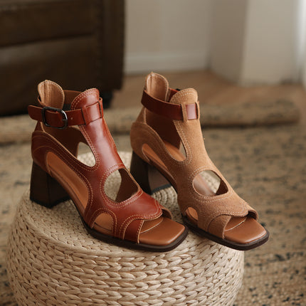 High Heel Gladiator Sandals - Genuine Leather Open Toe Buckle Shoes for Women