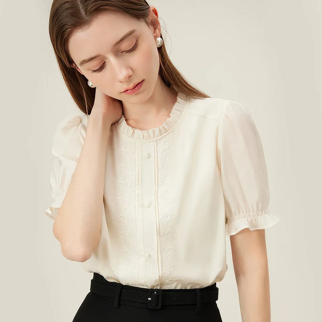 Simple Commuting Short-sleeved Embroidered Top Shirt for Women