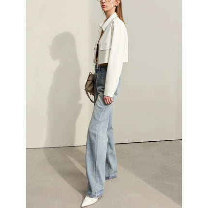 Pantalon en denim droit délavé minimaliste pour femme