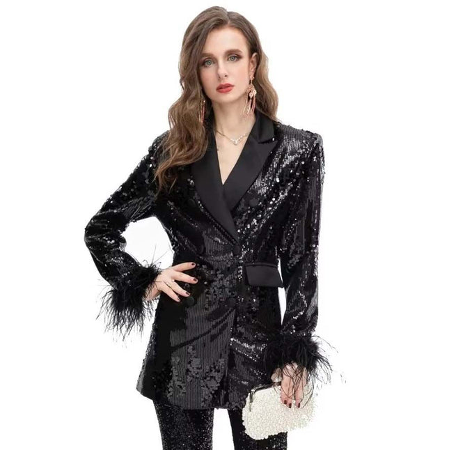 Blazer élégant à paillettes et plumes