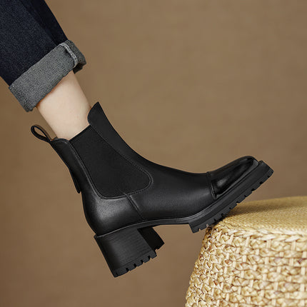 Bottines rétro à bout rond en cuir véritable avec talons épais