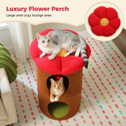 Acogedora casa para gatos con forma de flor y bola de pompón: condominio para gatos de dos pisos