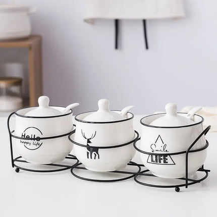 Ensemble de pots à épices en céramique avec cuillère et couvercle pour assaisonnement de cuisine