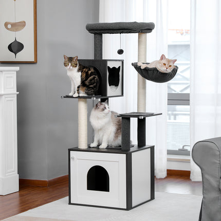 Arbre à chat de luxe à plusieurs niveaux avec armoire et poteaux en sisal