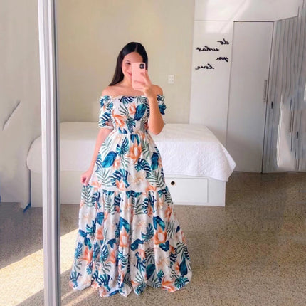 Vestido largo con hombros descubiertos y estampado floral para mujer