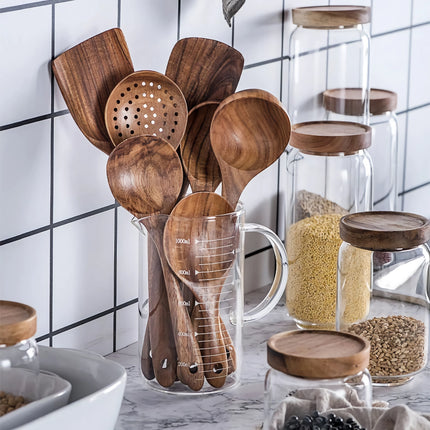 Juego de utensilios de cocina de madera de teca ecológicos: kit de herramientas de cocina de 7 piezas