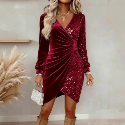 Fashionable V-neck Sequin Velvet Bodycon Dress