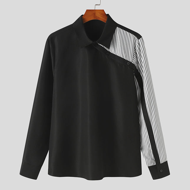 Camisa casual de manga larga con solapa y parches de rayas para hombre