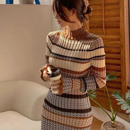 Autumn And Winter Retro Mixed Color Stripe Long Dress