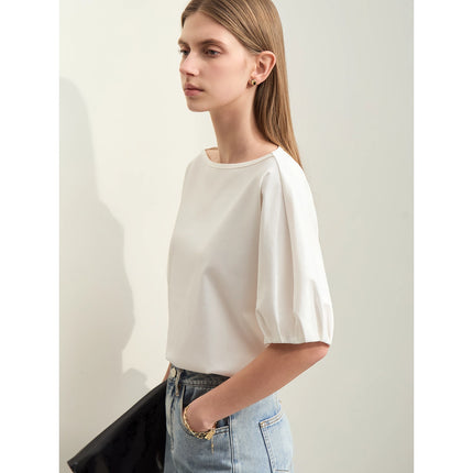 T-shirt minimaliste à manches lanternes en coton pour femme