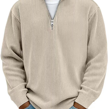 Corduroy Zipper Stand Collar Sweatshirt Fashion Warm Solid Color Long Sleeve Top Men's Casual Polo Shirt Clothing