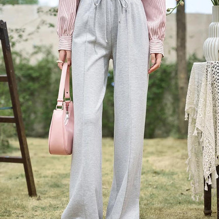 High-Waisted Wide Leg Casual Pants with Lace-Up Waist