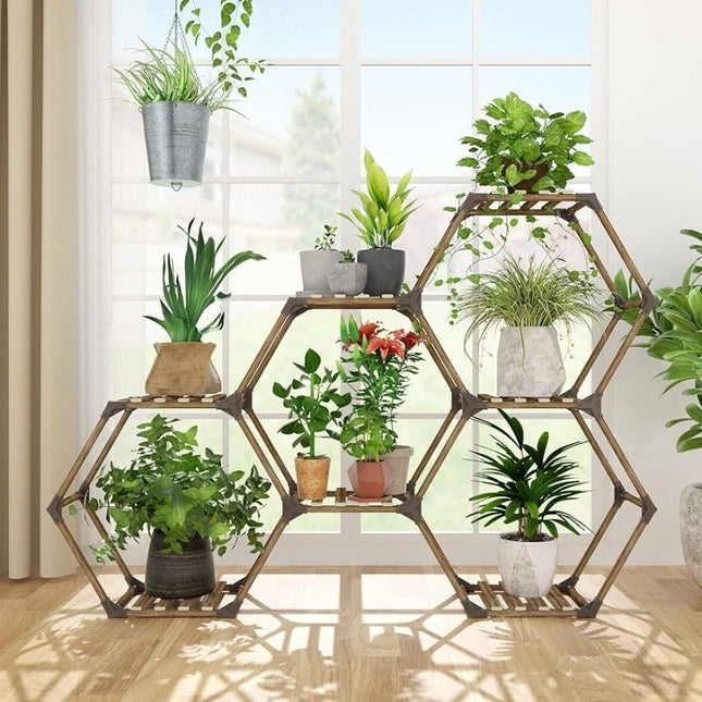 Hexagonal Plant Stand: 7-Tier Wooden Shelf for Stylish Plant Display - Wnkrs