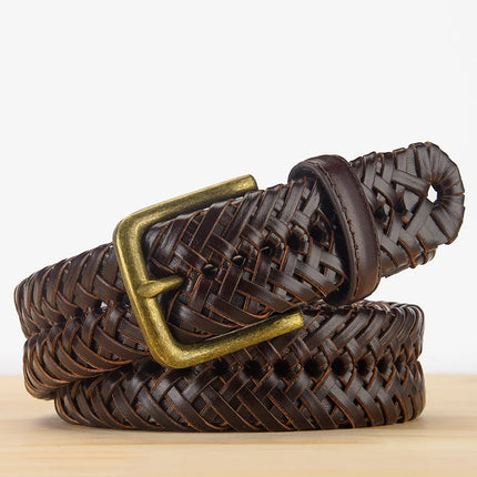 Ceinture tressée en cuir véritable pour homme – Sangle tricotée vintage, sans trous, haute qualité