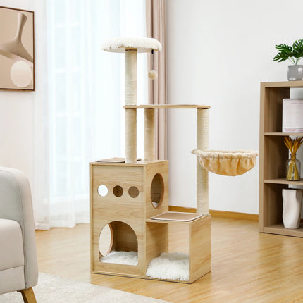 Arbre à chat en bois avec griffoirs en sisal, condo confortable et hamac