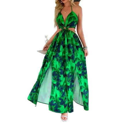 Womens Floral Print Backless Side-Slit Dress