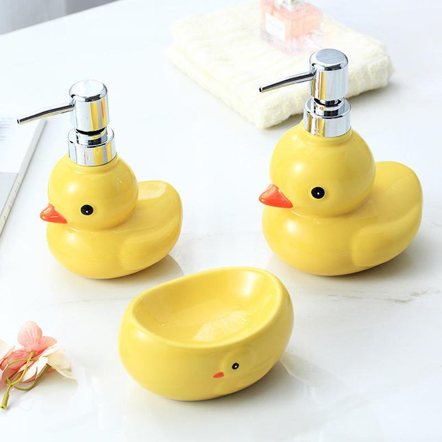 Adorable dispensador de jabón de cerámica con forma de pato amarillo y jabonera