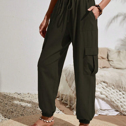 New Drawstring Overalls With Pockets Summer Cool Trousers Casual Versatile Solid Color Skinny Pants Womens Clothing