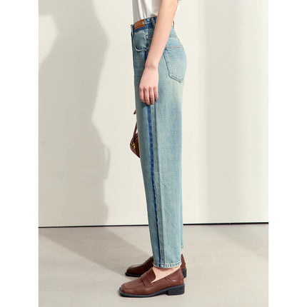 Jean fuselé en denim patchwork minimaliste pour femme - Style rétro