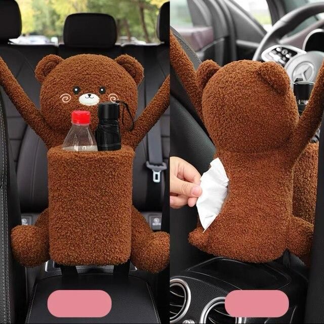 Cartoon Plush Car Tissue Holder with Integrated Trash Cabin - Wnkrs