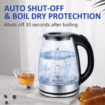 Electric Kettle Water Boiler, 1.8L Electric Tea Kettle, Wide Opening Hot Water Boiler With LED Light, Auto Shut-Off & Boil Dry Protection, Glass Black - Wnkrs