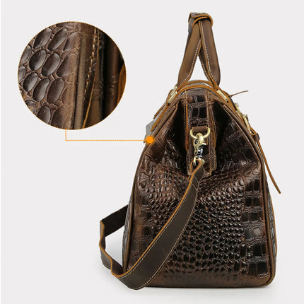 Sac de voyage en cuir véritable à motif crocodile vintage avec serrure et clé