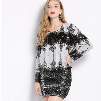 Women's Sequined Ornamental Pattern Blouse - Wnkrs