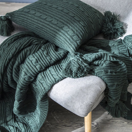 Housse de coussin élégante à rayures et pompons pour lit et canapé