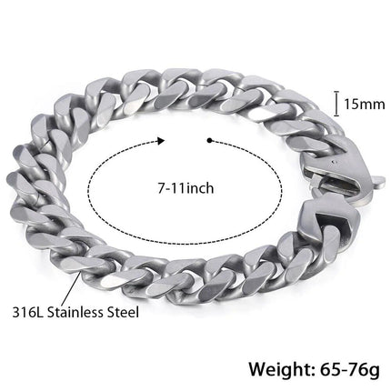 Stylish Matte Silver 15mm Stainless Steel Cuban Link Bracelet for Men - Wnkrs