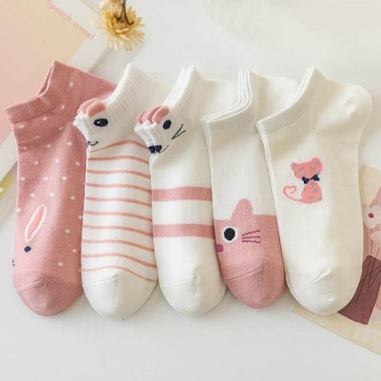 5 pares de calcetines bajos con forma de gato rosa: calcetines náuticos modernos y cómodos