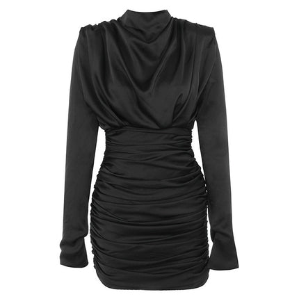 European And American High Collar Sheath Slim Fit Pleated Dress Women