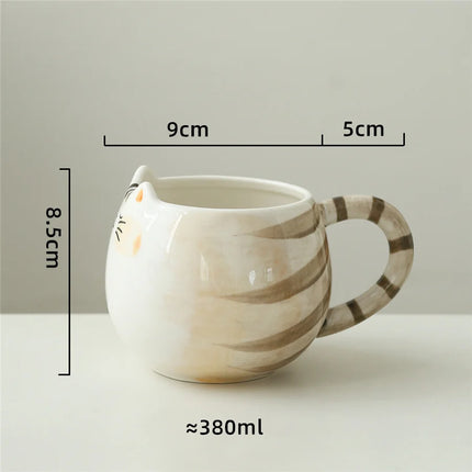 Tasse en céramique en forme de chat mignon – Tasse à café et à thé peinte à la main de 380 ml avec cuillère