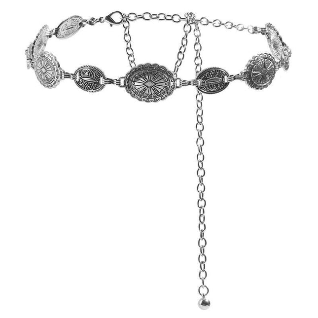 Cinturón de cadena de metal para mujer de estilo retro chic: diseño con círculos tallados, accesorio de alta costura