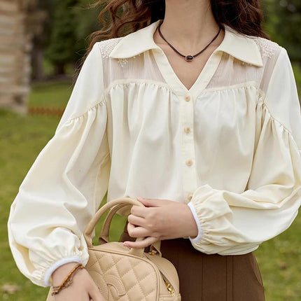 Chemise brodée en mousseline de soie à manches bouffantes et col en V pour femme