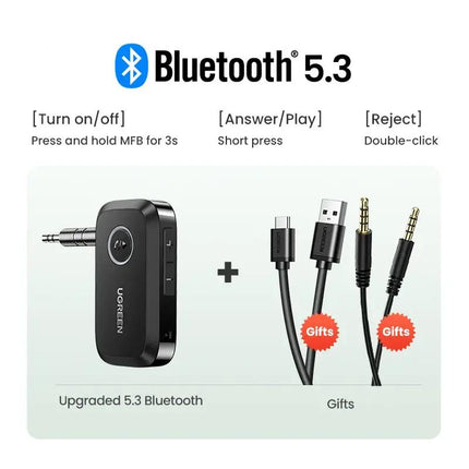 Adaptador receptor de audio para automóvil con Bluetooth 5.3, entrada AUX de 3,5 mm y llamadas manos libres