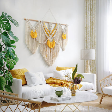 Tapiz colgante de pared de macramé amarillo grande