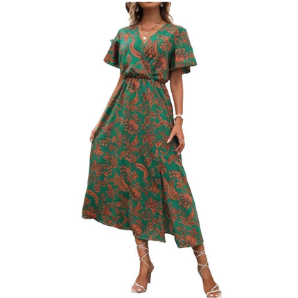 Robe fendue à col en V et imprimé tropical pour femme