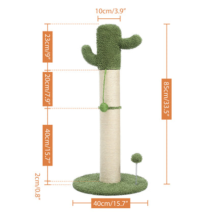 Arbre à chat en forme de cactus avec boule suspendue et revêtement en sisal