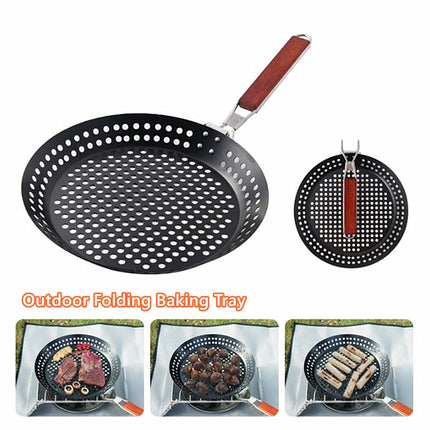 Outdoor Camping Foldable Round Frying Pan Picnic BBQ Heat Resistant Steak Grilled Skillet - Wnkrs