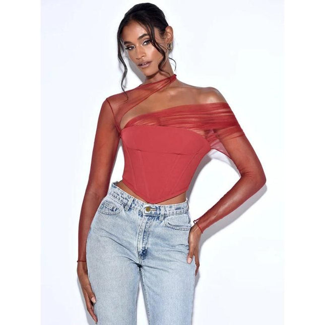 Top corto sexy sin tirantes y espalda descubierta con mangas de malla transparente