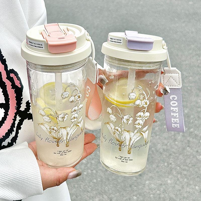 Floral Transparent Glass Water Bottle in Three Colors