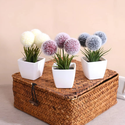 3PCS Artificial Hairy Ball Bonsai for Home and Office Decor