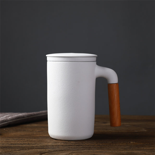 Ceramic Large Capacity Mug Custom Japanese Stoneware Office Cup Wooden Handle Gift Cup With Lid Tea Separation - Wnkrs