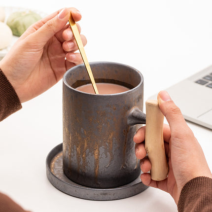 Gilt Stoneware Coffee Cup, Japanese Style Mug, Wooden Handle, Large Capacity - Wnkrs