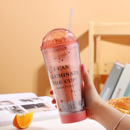 Luminous Creative Coffee Cup Plastic Cup Light Gradient Portable Student Double Straw Water Cup - Wnkrs