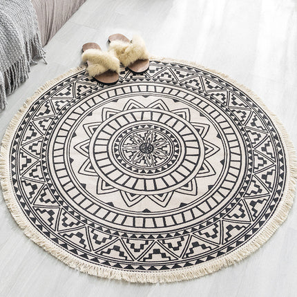 Round Hand-Woven Carpet Tassel Edge Simple Line Coffee Table Mat American Light Luxury Floor Mat - Wnkrs