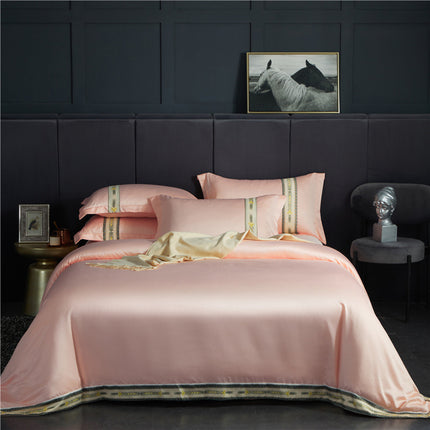 Four-piece Set Of Washed Silk Satin Striped Sheets, Solid Color Ice Silk Jane Ou Silk Slippery Bed Linen - Wnkrs